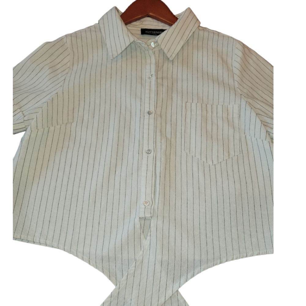 NWOT KITTENISH Short Sleeve Striped Cotton Hemp Tie Front Button Down Up Top L - Picture 2 of 14